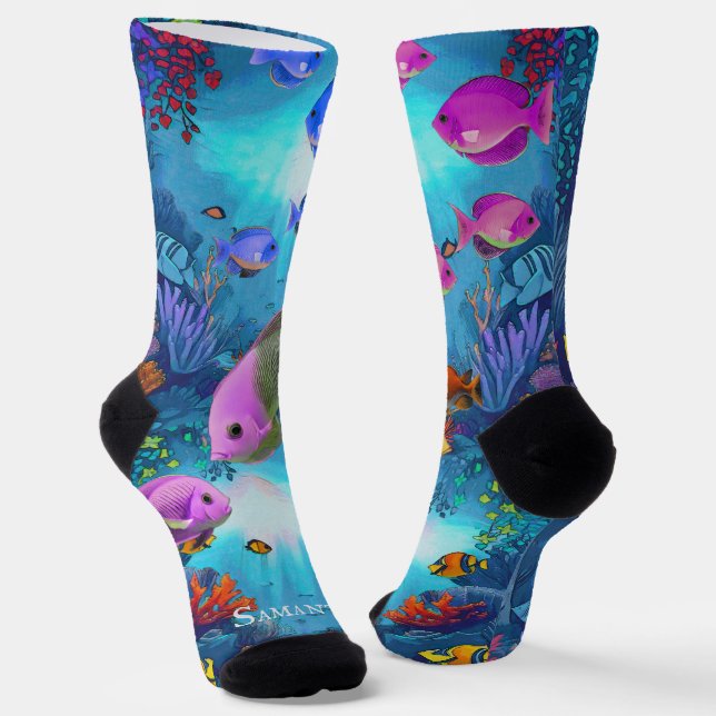 Fancy Watercolor Tropical Fish Crew Socks (Angled)