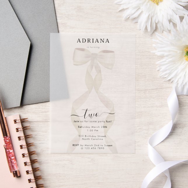 Fancy Watercolor White Bow Formal Birthday Vellum Invitations (Wedding)