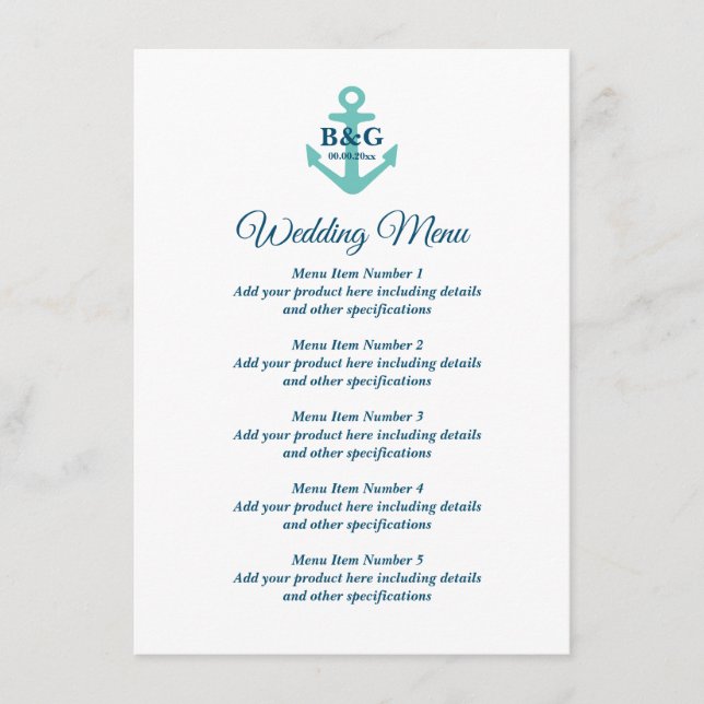 Fancy wedding menu with nautical boat anchor logo (Front)