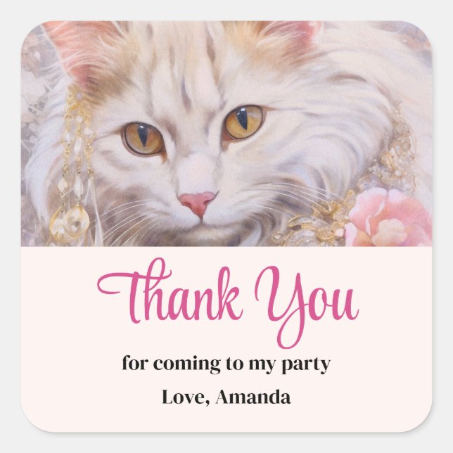 Fancy White Cat in Gold and Jewels Party Thank You Square Sticker (Front)