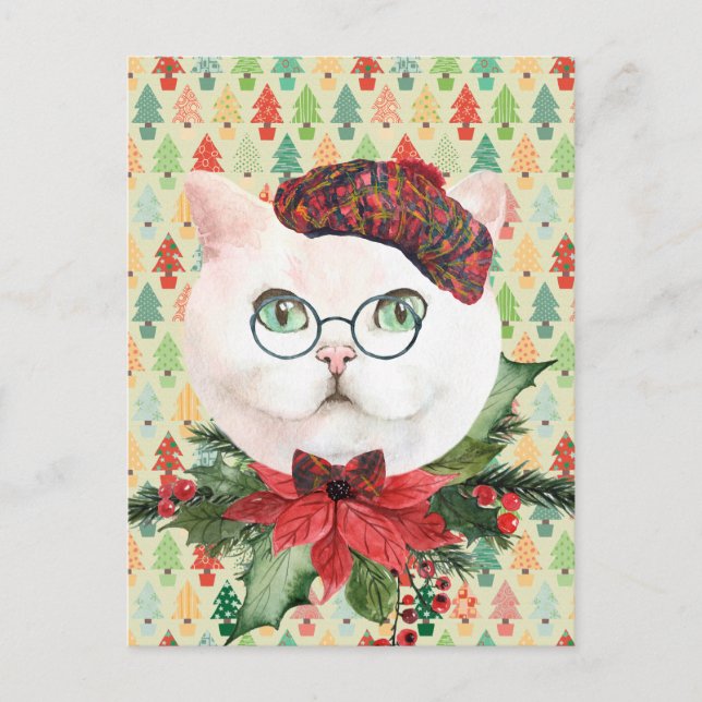 Fancy White Cat & Poinsettia Holiday  Postcard (Front)