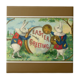 Fancy White Easter Bunnies Dark Brown Tile