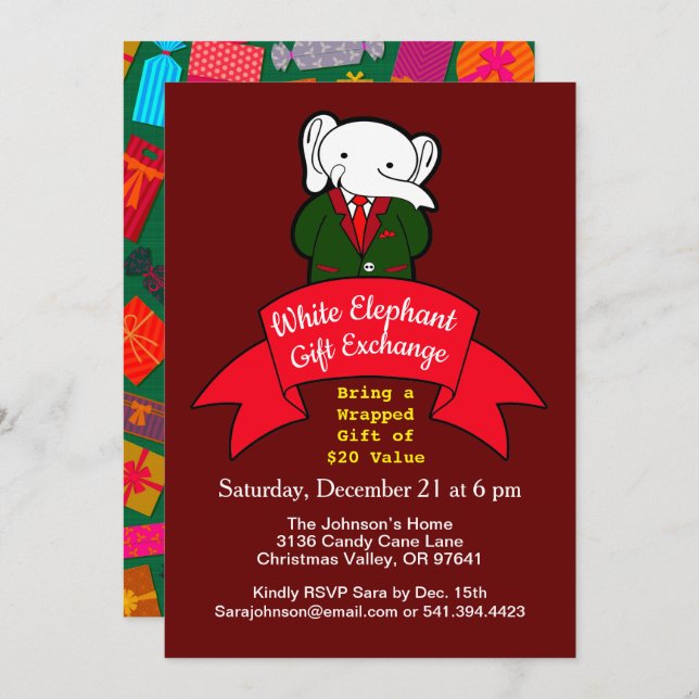 Fancy White Elephant Christmas Gift Exchange Invitation (Front/Back)