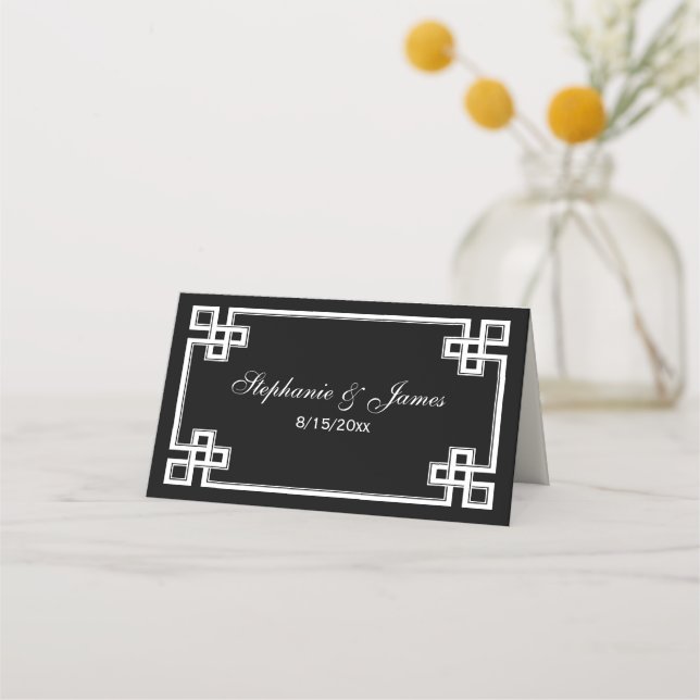 Fancy White Greek Key Frame Escort Cards Black (Front)