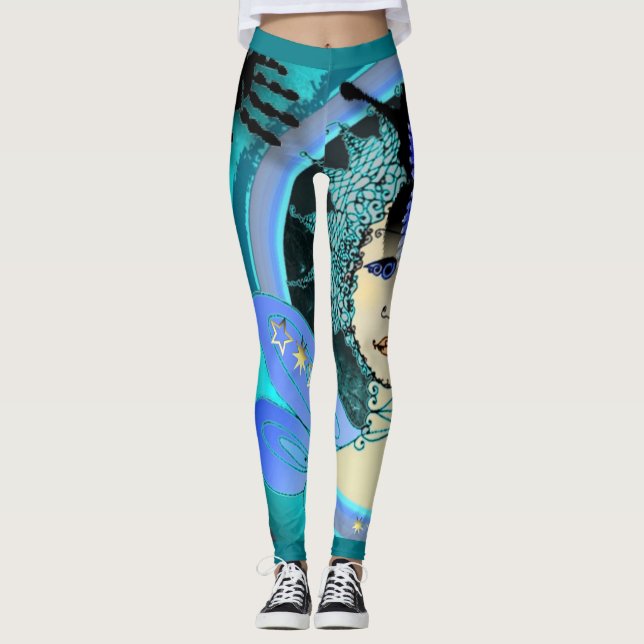 Fancy Women's Leggings w. Blue Star Fairy Pattern (Front)