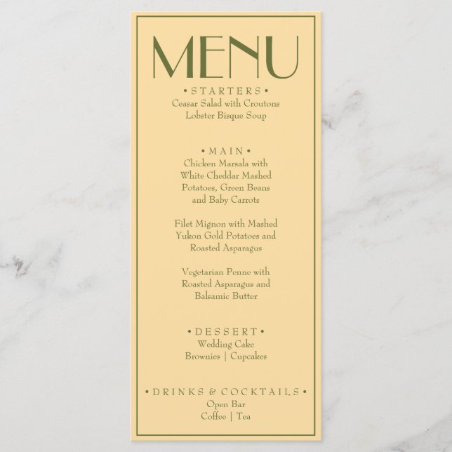 Fancy Yellow Olive Green Classy Retro Wedding Menu (Front)