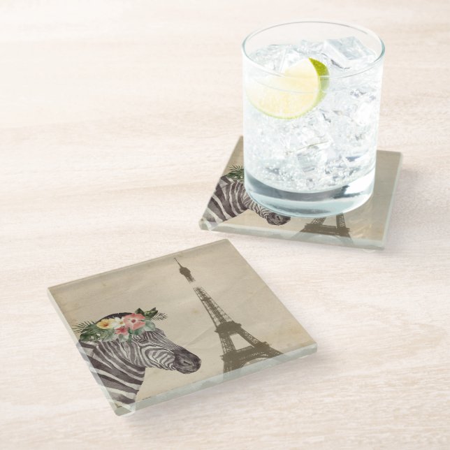 Fancy Zebra & Eiffel Tower  Glass Coaster (Angled)