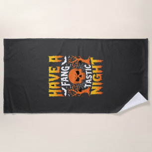 Fang-Tastic Night Halloween Skull and Bats Beach Towel
