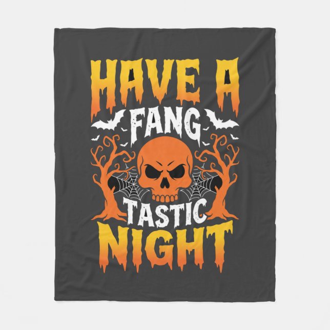 Fang-Tastic Night Halloween Skull and Bats Fleece Blanket (Front)