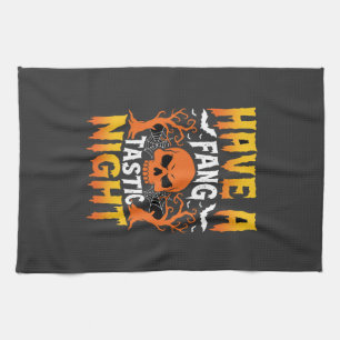 Fang-Tastic Night Halloween Skull and Bats Tea Towel