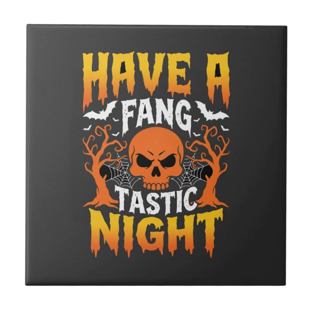 Fang-Tastic Night Halloween Skull and Bats Tile (Front)