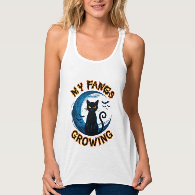 Fangs Growing Halloween Black Cat Blue Moon Bats_1 Singlet (Front)