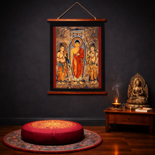 Fanhe Buddha Tang Dynasty Dunhuang Silk Road Hanging Tapestry (Fanhe Standing Buddha  shown in meditation space, Traditional Buddhist art for modern lifestyles)