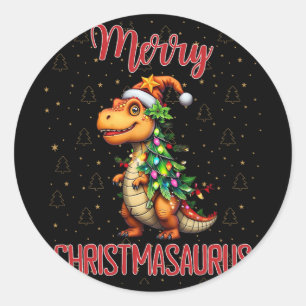 Fanny Merry Christmasaurus Dinosaur Christmas Tree Classic Round Sticker