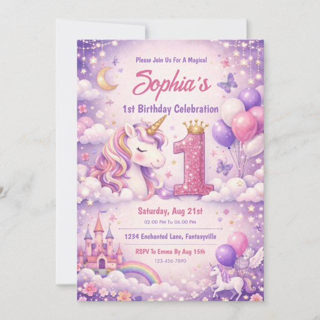 Fantacy Magical Unicorn 1st Birthday Invitation (Front)