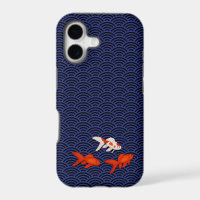 Fantail Goldfish on Seigaiha Wave Pattern Japanese