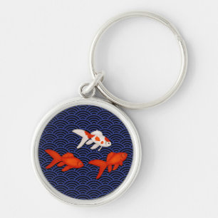 Fantail Goldfish on Seigaiha Wave Pattern Japanese Key Ring