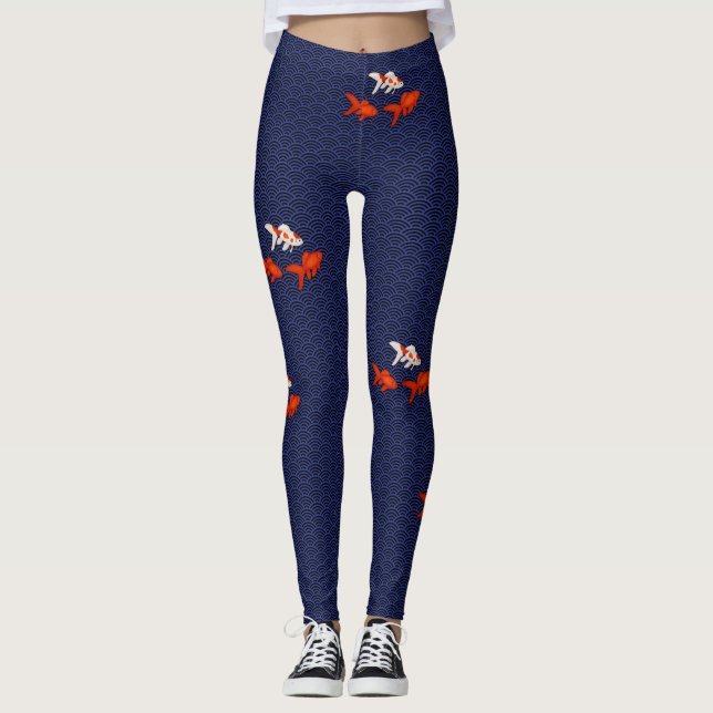 Fantail Goldfish on Seigaiha Wave Pattern Japanese Leggings (Front)