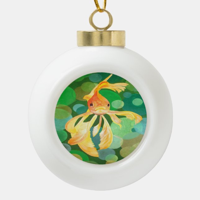 Fantail Goldfish With Green Bubbles Vector Ceramic Ball Christmas Ornament (Front)