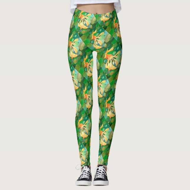 Fantail Goldfish With Green Bubbles Vector Leggings (Front)
