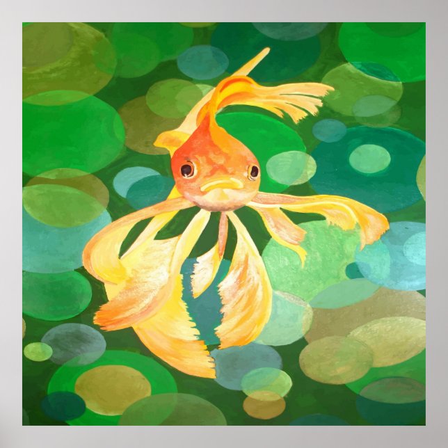 Fantail Goldfish With Green Bubbles Vector Poster (Front)