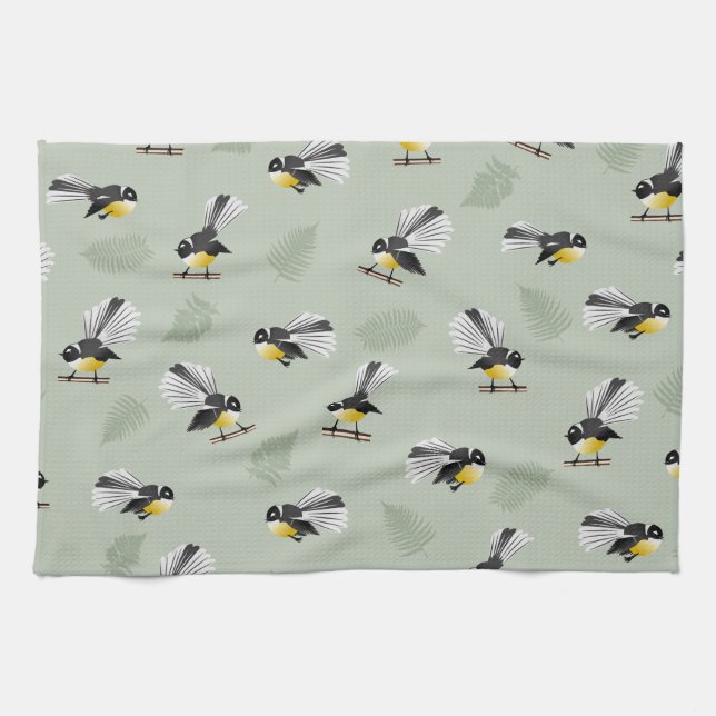 Fantail NZ Native birds Pattern Tea Towel (Horizontal)