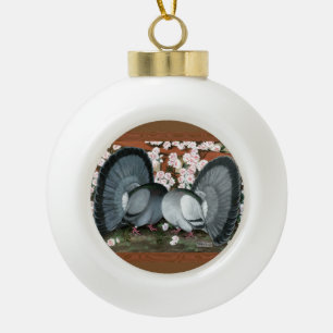 Fantail Pigeons Matched Pair Ceramic Ball Christmas Ornament