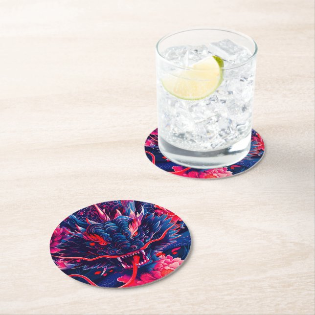 Fantastic Blossom Fury Dragon Round Paper Coaster (Insitu)