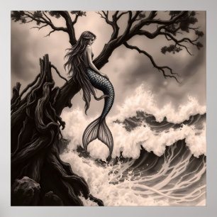 Fantastic Mythical Mermaid Sitting on Tree Branch Poster
