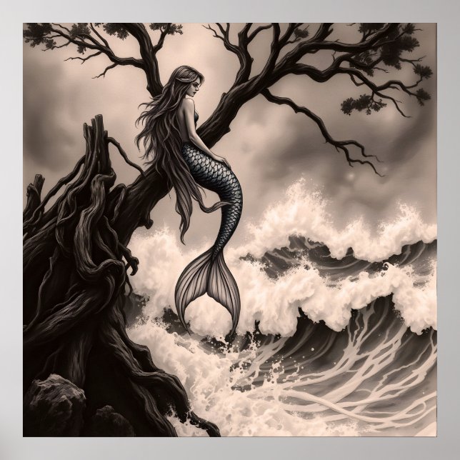 Fantastic Mythical Mermaid Sitting on Tree Branch Poster (Front)