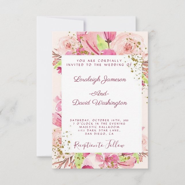 Fantastic pink floral wedding invitation (Front)