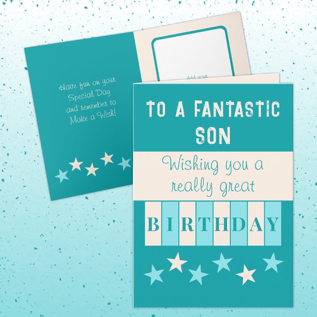 Fantastic son turquoise beige birthday card (Creator Uploaded)