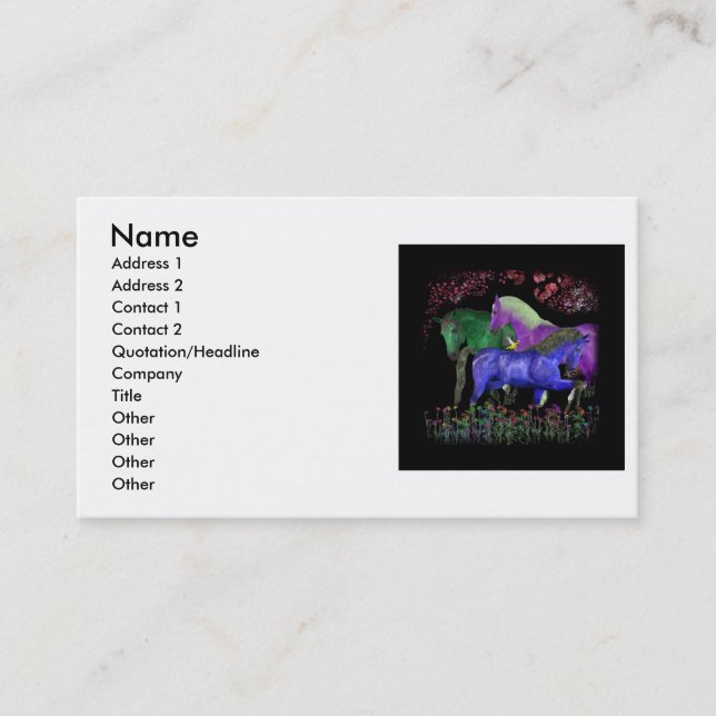 Fantastical coloured horse design, black back business card (Front)