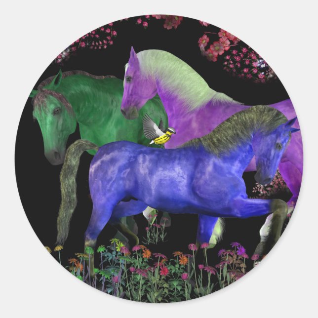 Fantastical coloured horse design, black back classic round sticker (Front)