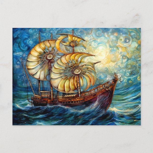 Fantastical Nautilus Ship in Swirling Ocean Postcard (Front)