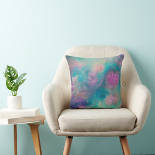 Fantasy Abstract Flowers In Pink And Aqua Wave Cushion