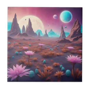 Fantasy Alien Planet Landscape with Flowers Tile