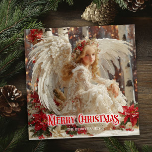Fantasy angelic angel red gold festive sparkles  holiday card