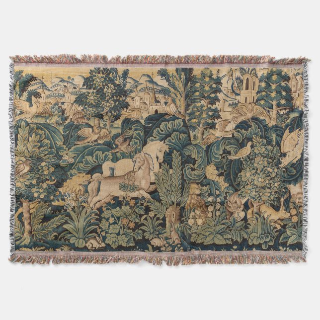 FANTASY ANIMALS,HORSES,WOODLAND Blue Green Floral  Throw Blanket (Front)