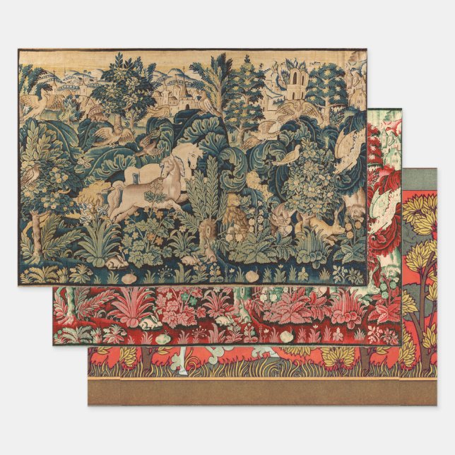 FANTASY ANIMALS,HORSES,WOODLAND Red Blue Floral  Wrapping Paper Sheet (Set)