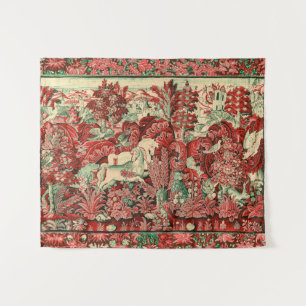 FANTASY ANIMALS,HORSES,WOODLAND Red Green Floral Tapestry