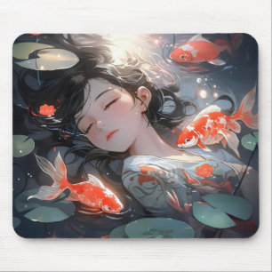 Fantasy Anime Girl and Carps Mouse Pad