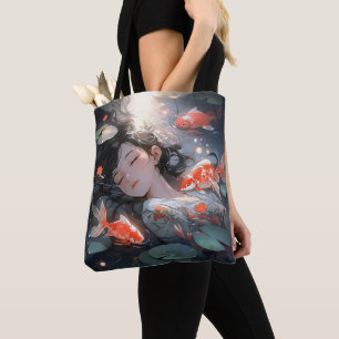 Fantasy Anime Girl and Carps Tote Bag