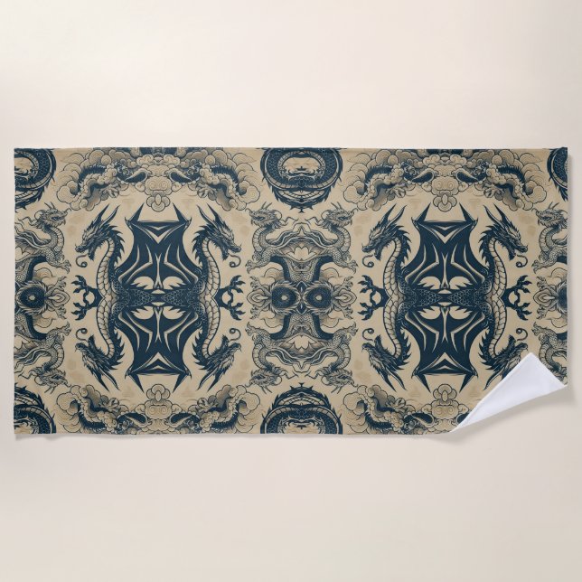 Fantasy Antiqued Dragons  Beach Towel (Front)