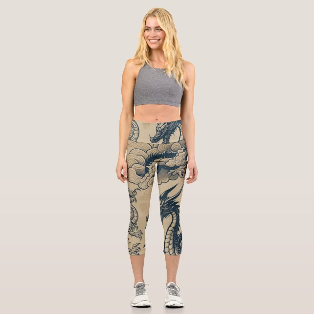 Fantasy Antiqued Dragons  Capri Leggings (Front)