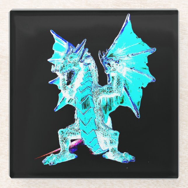 Fantasy Aqua Blue Dragon Glass Coaster (Front)