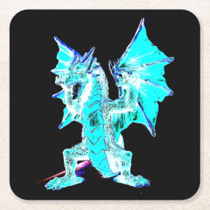 Fantasy Aqua Blue Dragon Square Paper Coaster