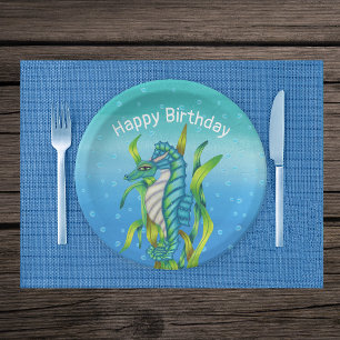 Fantasy Aqua Blue Sea Dragon Horns Seaweed Bubbles Paper Plate
