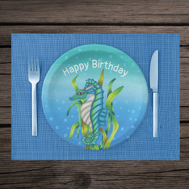 Fantasy Aqua Blue Sea Dragon Horns Seaweed Bubbles Paper Plate (Fantasy sea dragon aqua blue in seaweed water bubbles on shades of blue Birthday paper plates.)
