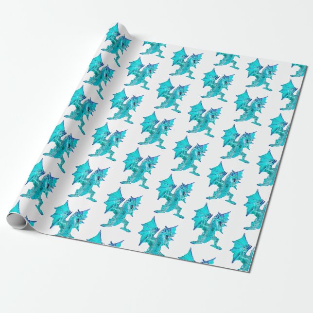 Fantasy Aqua Dragon  White Background Mythical Wrapping Paper (Unrolled)